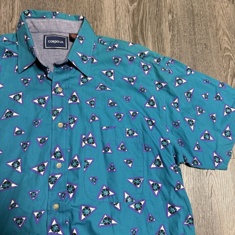 Cordova Mens Shirt‎ Large Blue Geometric Pattern Short Sleeve
